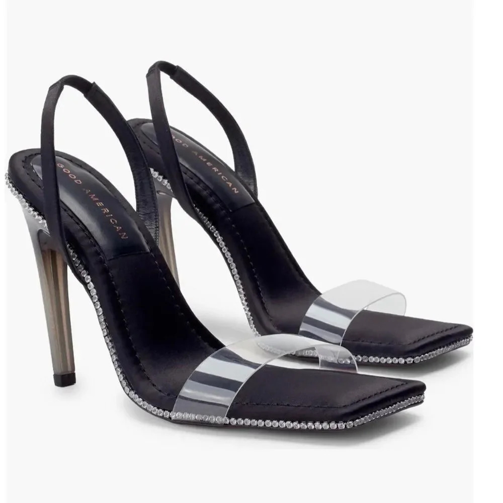 Good American Crystal Crush Black and Silver Heels